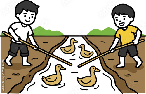Принти на полотні Two boys herding ducks in a stream with sticks, illustration, childhood fun