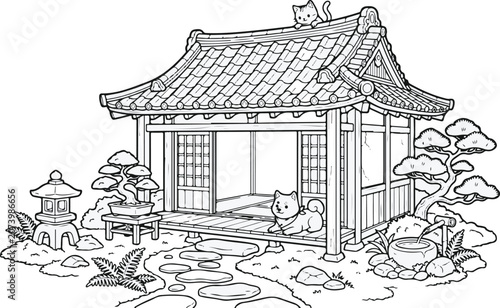 Premium Pet House Design for Dogs and Cats – Animal Care and Lifestyle Japanese pet house cartoon clipart and line art print illustration vector  colouring book for children drawn hand drawn.