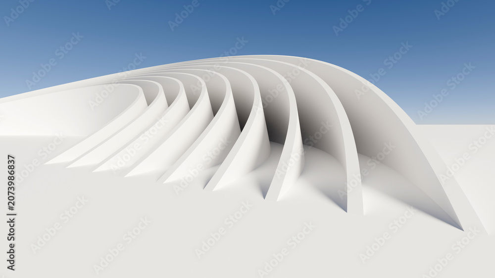 Fototapeta premium Futuristic white minimalist parametric architectural structure perspective with repeating curved elements against a blue sky, 3D render