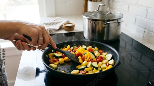 Cooking fresh vegetables in a black skillet on a ceramic cooktop