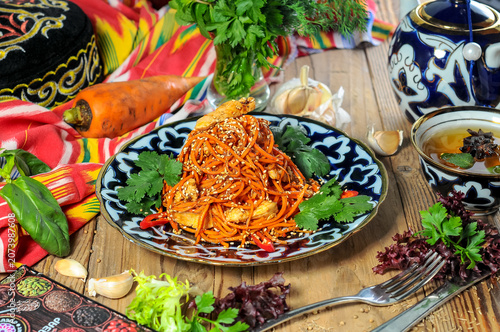 Uzbekistan national dish lagman with vegetables and meat