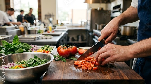 Culinary professional dicing tomatoes on wooden cutting board in commercial kitchen