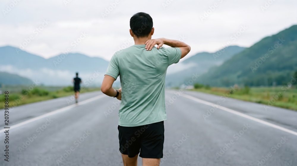 Fototapeta premium Young man running on an empty mountain road, feeling pain in his shoulder.