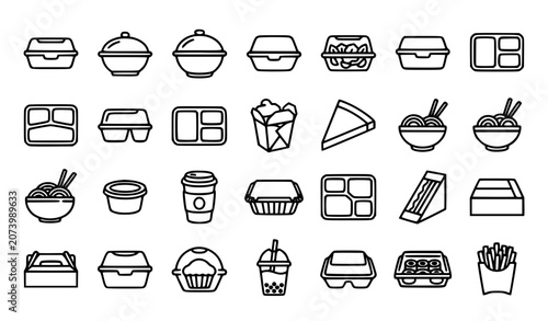 Food packaging and takeout icon set, delivery and meal container vector elements