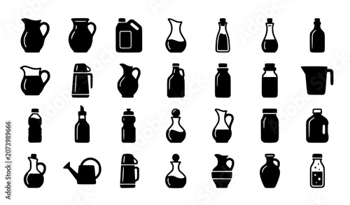 Εκτύπωση καμβά Bottles and jugs icon set, liquid containers, kitchenware and drink vessel vecto