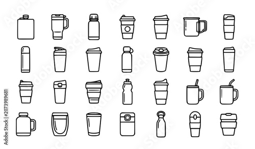 Tumbler and bottle icon set, reusable drinkware, coffee cups and water flasks vector elements