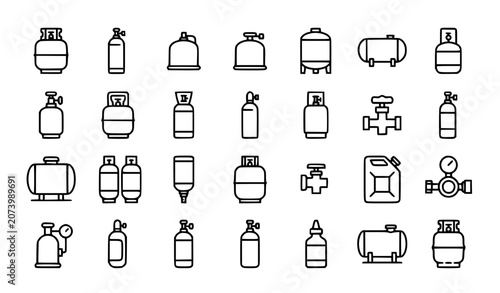 Gas cylinder and fuel tank icon set, industrial gas storage and pressure vessel vector elements