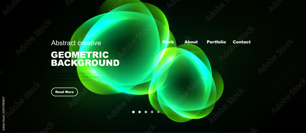 Naklejka premium Dark background features vibrant green abstract shapes. Website header includes navigation options, text, button. Minimalist design.