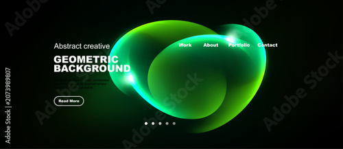 Photography Dark background features vibrant green abstract shapes, text elements, navigation menu