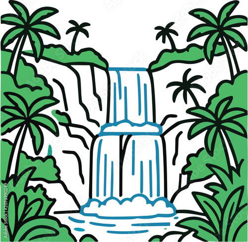 Quadro em tela Lush tropical waterfall cascading into clear pool, surrounded by palm trees and jungle foliage