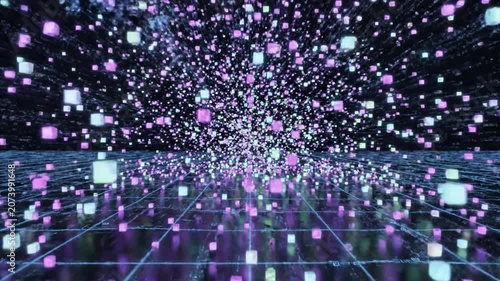 Data cubes float above a digital grid in this abstract visualization of information networks.