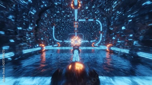 Futuristic tunnel illuminated by glowing orange and blue neon lights creates a sense of rapid motion.