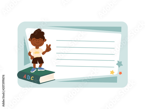 Blank school notebook name label sticker template with a cute boy student standing on ABC book. Educational frame badge for kids notebook decoration. Vector illustration on beige.