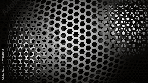 Abstract monochrome 3D hexagonal mesh background with light distortion.