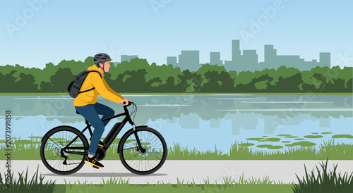 Foto Man rides bicycle along scenic lake path with cityscape vector design illustration behind