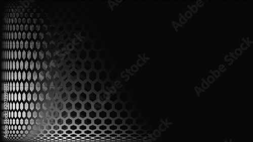 Abstract monochrome 3D hexagonal mesh background with light distortion.
