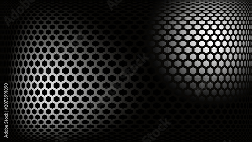 Abstract monochrome 3D hexagonal mesh background with light distortion.