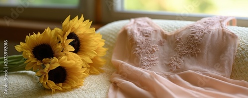 Bright yellow sunflowers resting beside  delicate pale pink lace evening dress near window