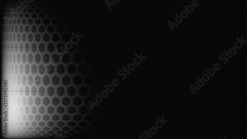 Abstract monochrome 3D hexagonal mesh background with light distortion.