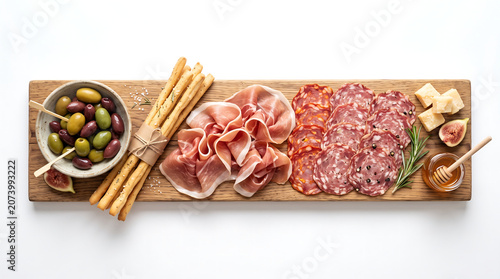 Artisanal charcuterie board display with cured meats, cheese, olives and bread on wooden platter