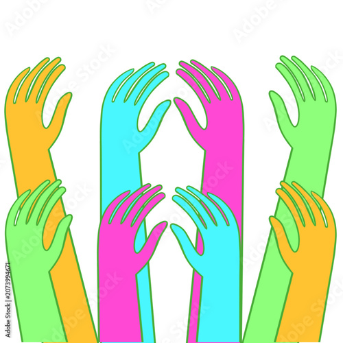 Colorful overlapping silhouettes of hands raised, donation and charity concept.