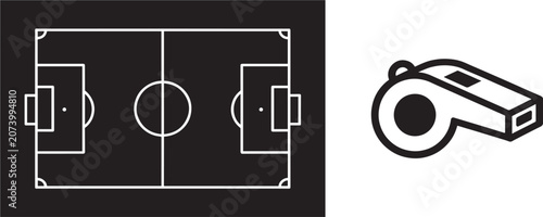 Konstfotografi Soccer field pitch diagram and referee whistle line icons vector set for sports
