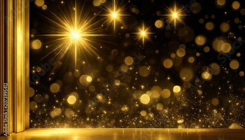 A vertical golden metallic frame member on the image-left borders a dark background filled with golden light effects. The upper portion features sharp, brilliant golden starbursts with radiating rays,