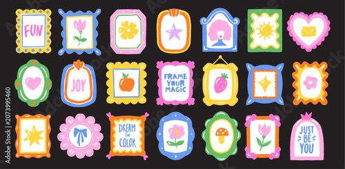 Colorful crayon frames with playful hand-drawn doodles. Perfect border design for kids' projects, school presentations, and creative photo displays with charming pastel textures.