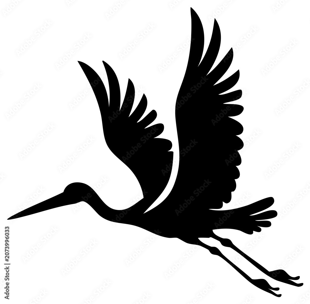 Fototapeta premium Elegant flying stork or crane bird black silhouette. Graceful heron with spread wings vector graphic illustration.