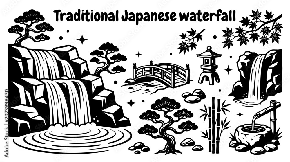 Fototapeta premium Japanese waterfall landscape vector collection isolated for natural scenery, mountain streams, outdoor travel, and peaceful environment themes. Black and white sketch style featuring flowing water