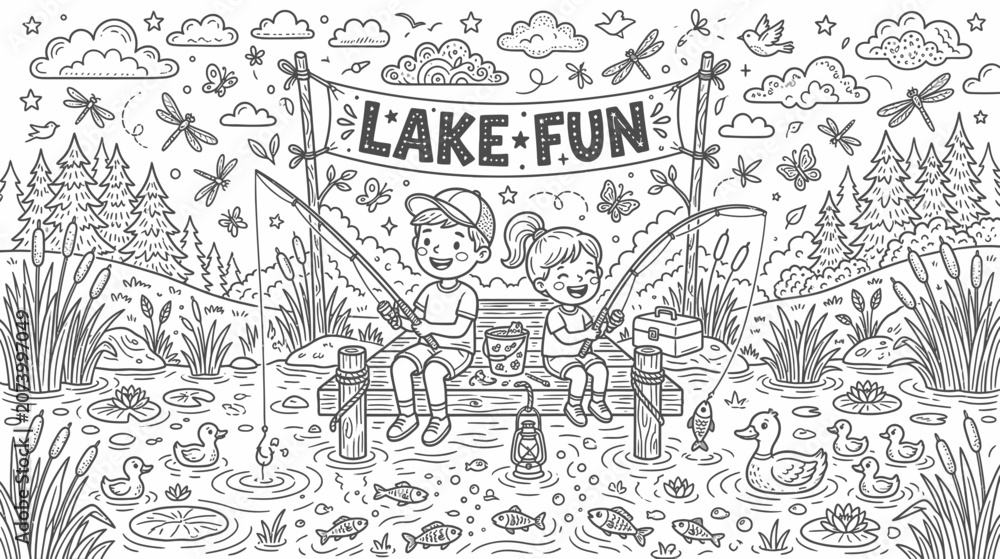 Obraz premium Whimsical lakeside campground scene with campers, boats, trees, and a banner reading Lake Fun.
