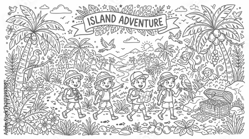 Schilderij op canvas Illustrated Island Adventure Scene with Children on a Tropical Beach