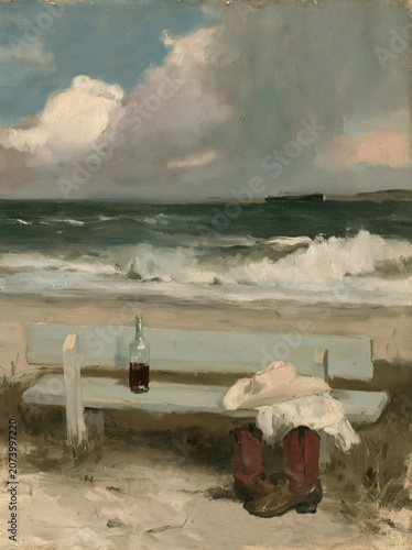 a bench on the beach with a beautiful scenery of ocean waves crahsing on the shore
