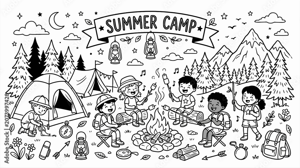 Obraz premium Vibrant Summer Camp Scene with Campfires, Tents, and Laughing Campers Outdoors.