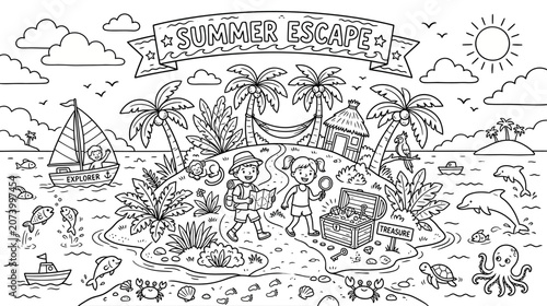 Bilde på lerret A lively tropical beach vacation scene with palm trees, boats, and people enjoying the shore