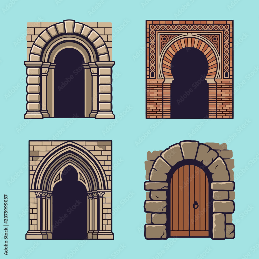 Naklejka premium Set of four historical stone archway vector illustrations