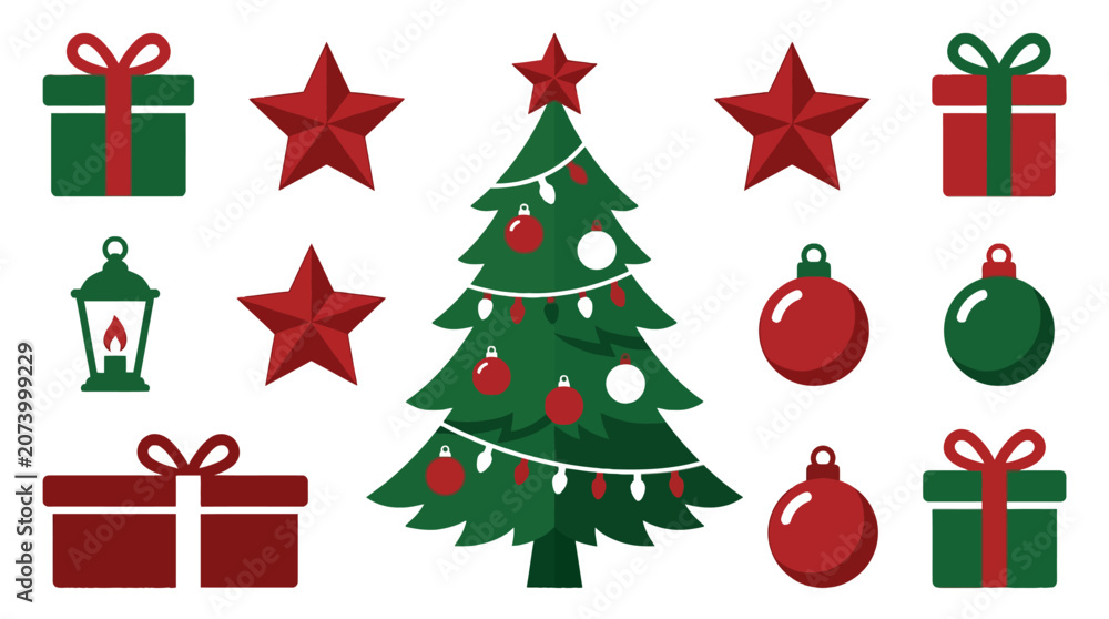 Naklejka premium Festive Christmas tree and holiday icons on a white background