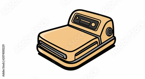 A cartoon-style illustration of a vintage polaroid camera
