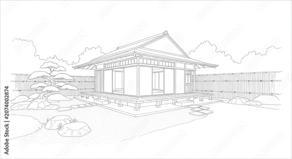 Fototapeta premium Traditional Japanese garden with a wooden building, landscaping, rocks, and trees