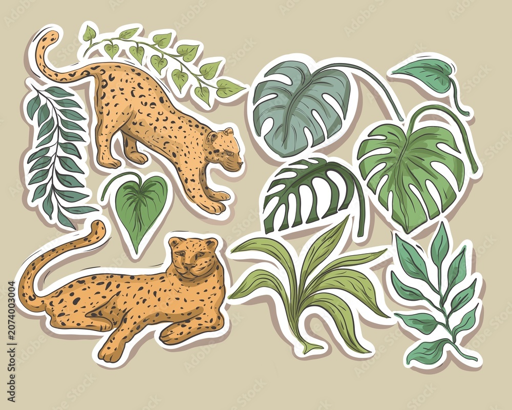 Obraz premium Hand-painted watercolor leopard illustration in exotic tropical monstera and palm leaves. Spotted predator in the safari jungle. Wildlife nature painting, isolated art print on a white background.
