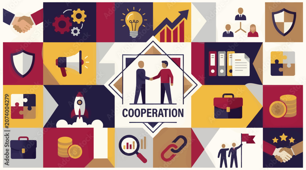 Fototapeta premium Flat Design Vector Illustration of Business Concepts: Cooperation, Teamwork, Success, and Innovation Icons Arranged in a Grid Layout