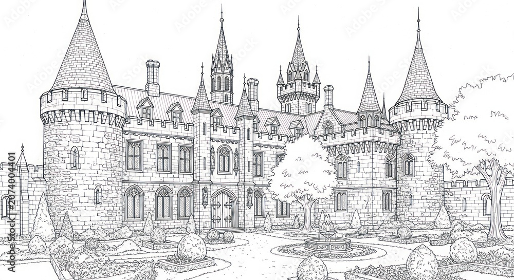 Fototapeta premium Sketch of a fairy tale castle with towers, courtyard, and trees