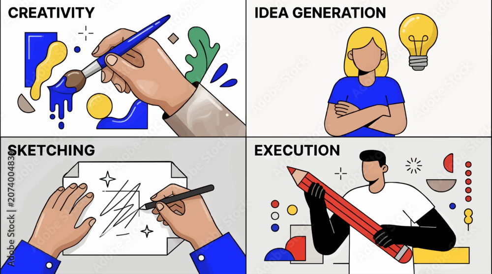 Naklejka premium Flat Vector Illustration of the Creative Process in Four Panels: Creativity, Idea Generation, Sketching, and Execution. Shows hands painting, a lightbulb idea, a sketch, and a giant pencil.