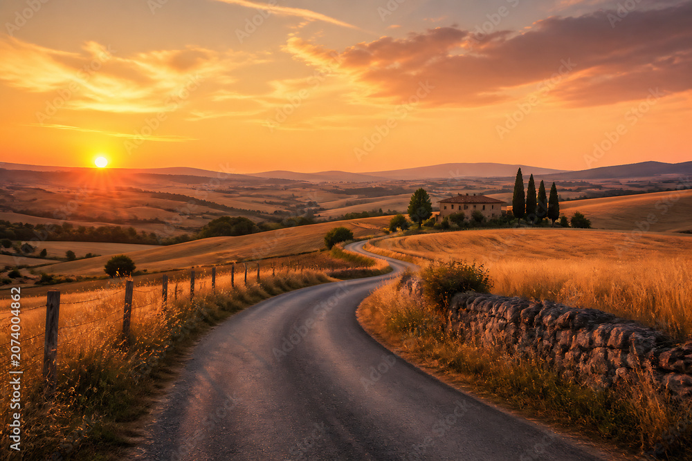 Fototapeta premium A winding country road curves through golden fields at sunset in a rolling countryside landscape.