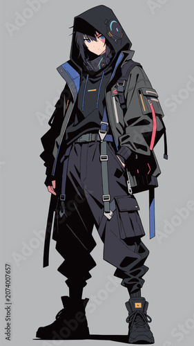 Anime-style character in techwear fashion with dark clothing and blue accents