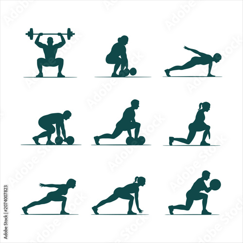 Silhouettes of people performing various weightlifting exercises Keywords: fitness, exercise