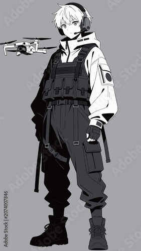 Anime style character with drone and tactical gear