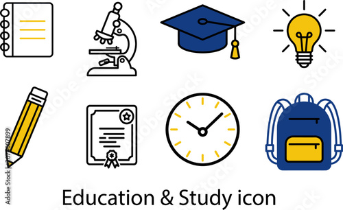 Education and study icons including school supplies and graduation cap