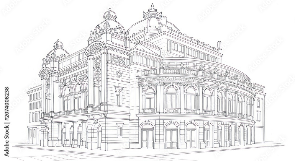 Fototapeta premium Architectural line drawing of a historic grand building with detailed facades