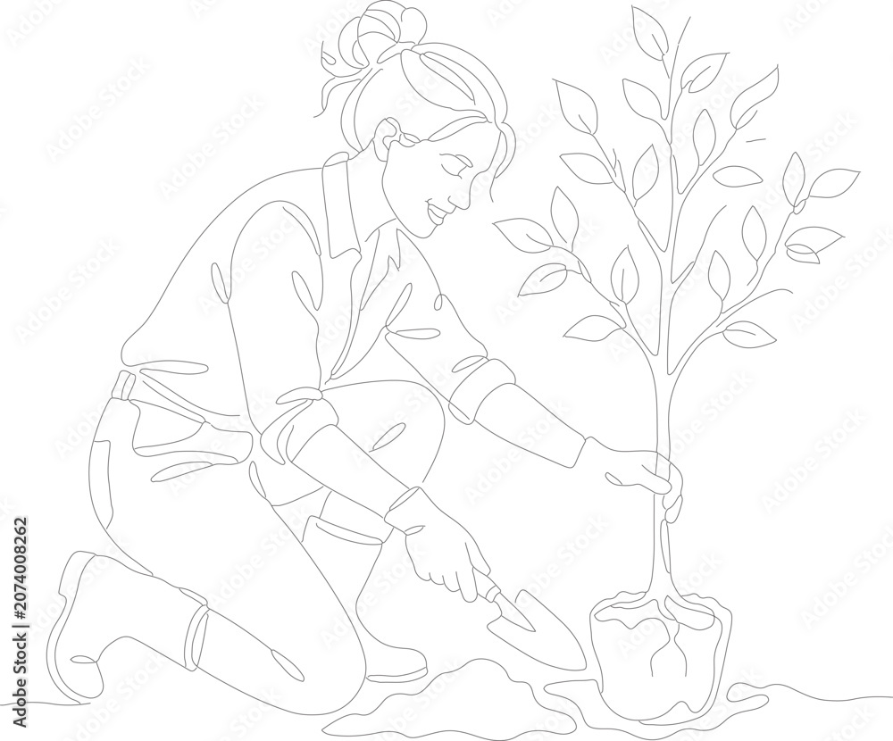 Obraz premium Woman Planting Small Green Leafy Tree.